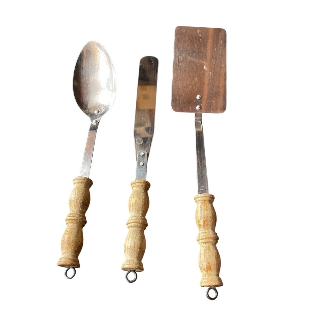 Vintage‎ 3 pc MCM Wood Bar Ware Utensil Spoon Spatula Set Stainless Steel Japan